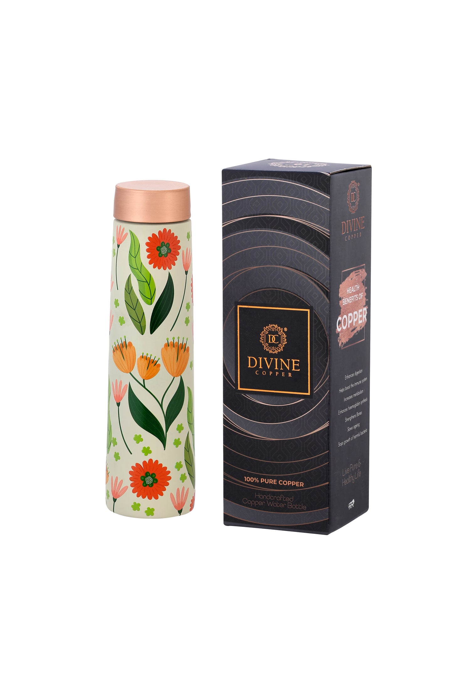 Eclair - Colourful Flowers With Green Leafs Print Pure Copper Bottle