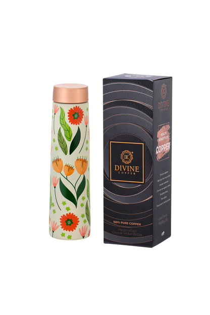 Eclair - Colourful Flowers With Green Leafs Print Pure Copper Bottle