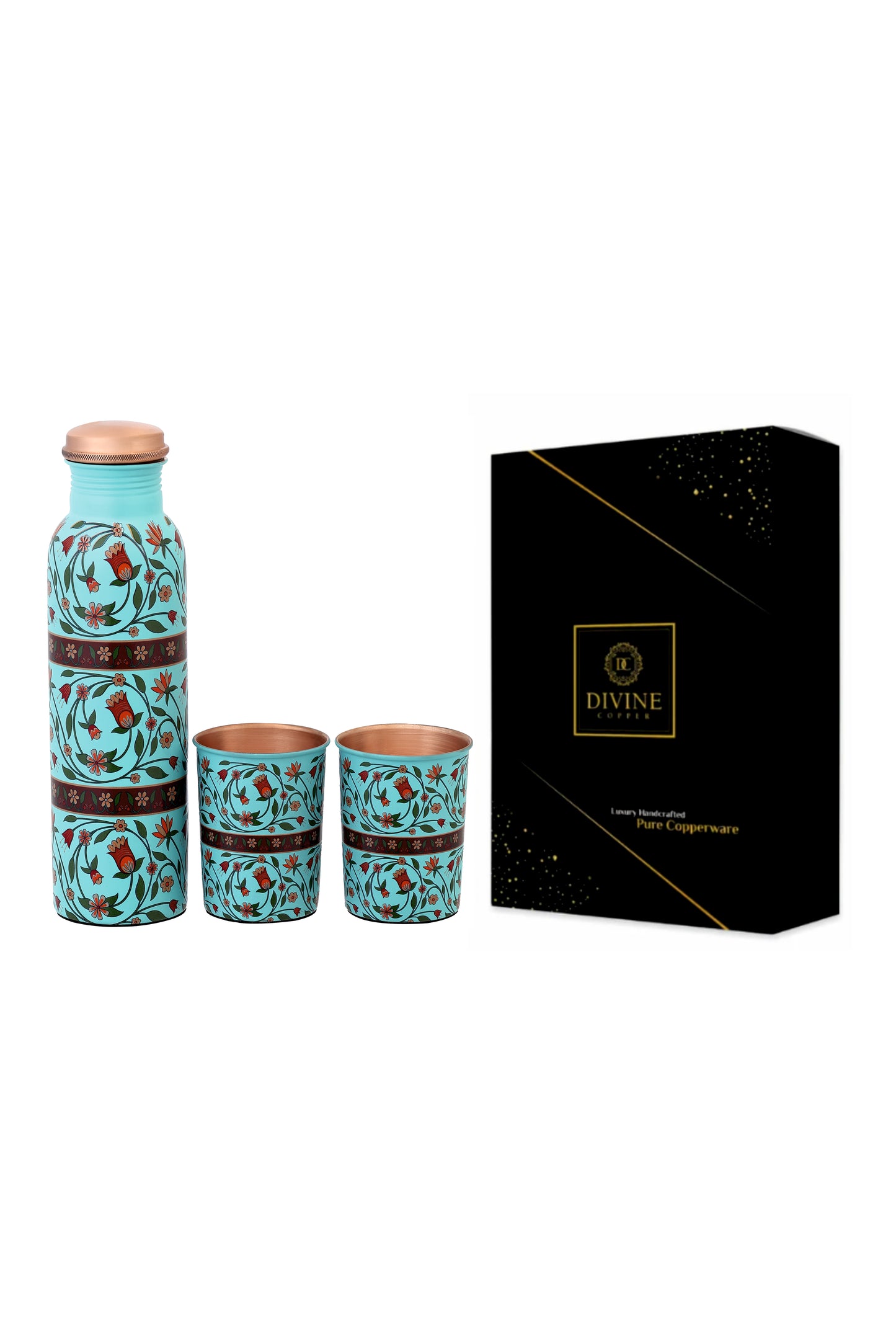 Pie - Flower With Green Leafs Pure Copper Bottle With Pack of 2 Glass