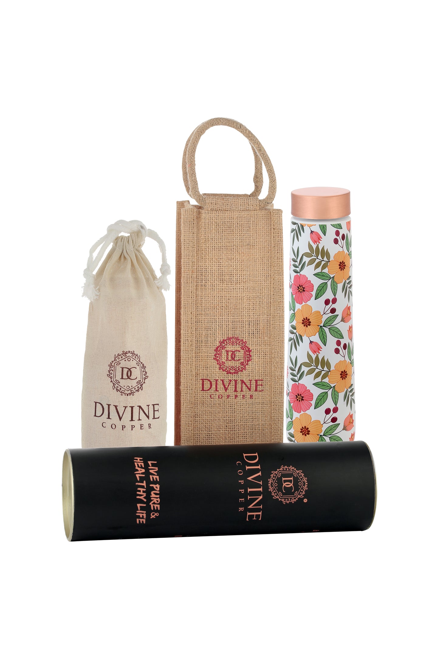Eclair - Yellow Flower With Green Leafs Pattern Pure Copper Bottle