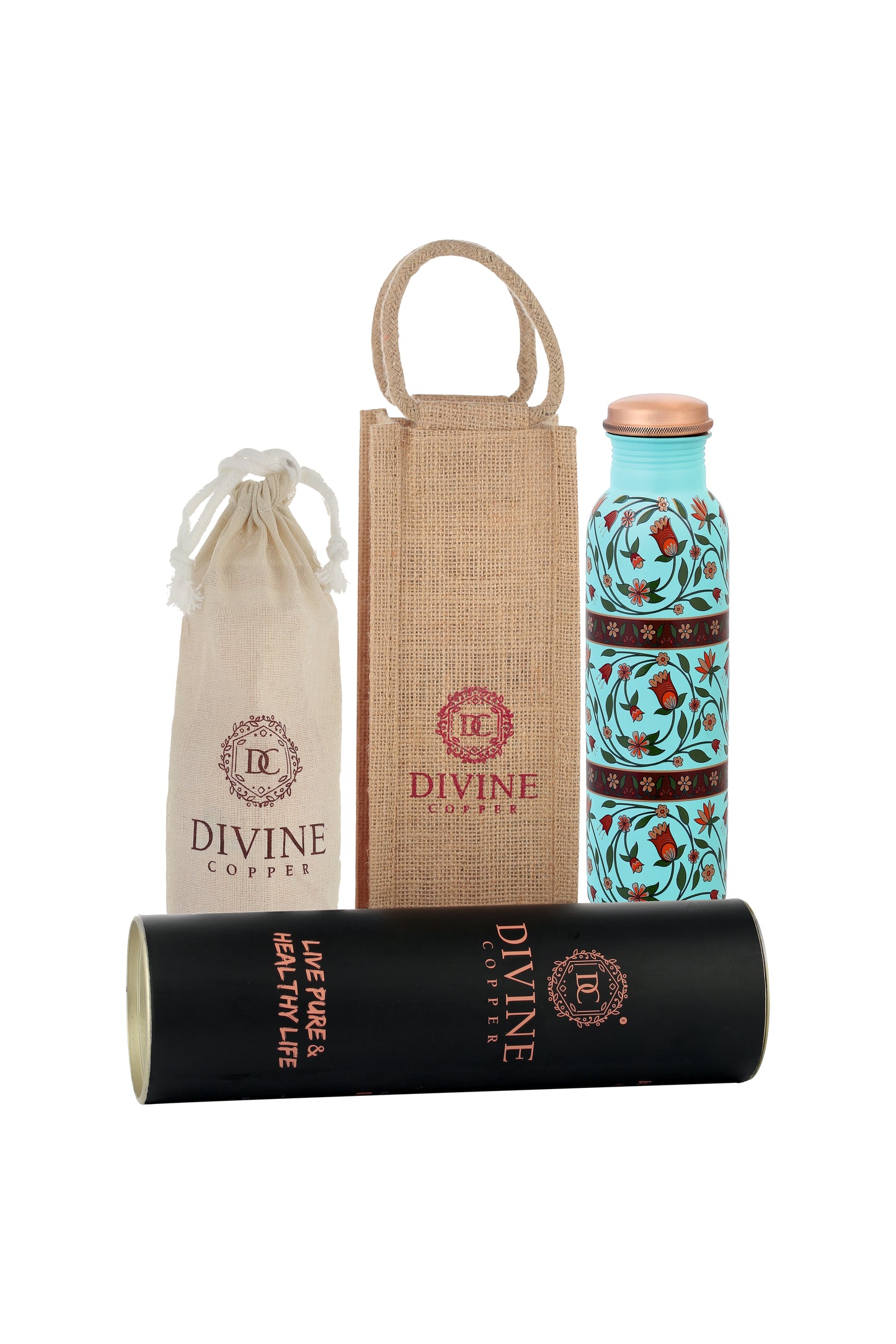 PIE -   Flower with Green Leafs Print Pure Copper Bottle (Mint)