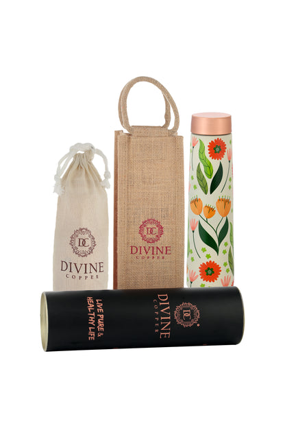 Eclair - Colourful Flowers With Green Leafs Print Pure Copper Bottle