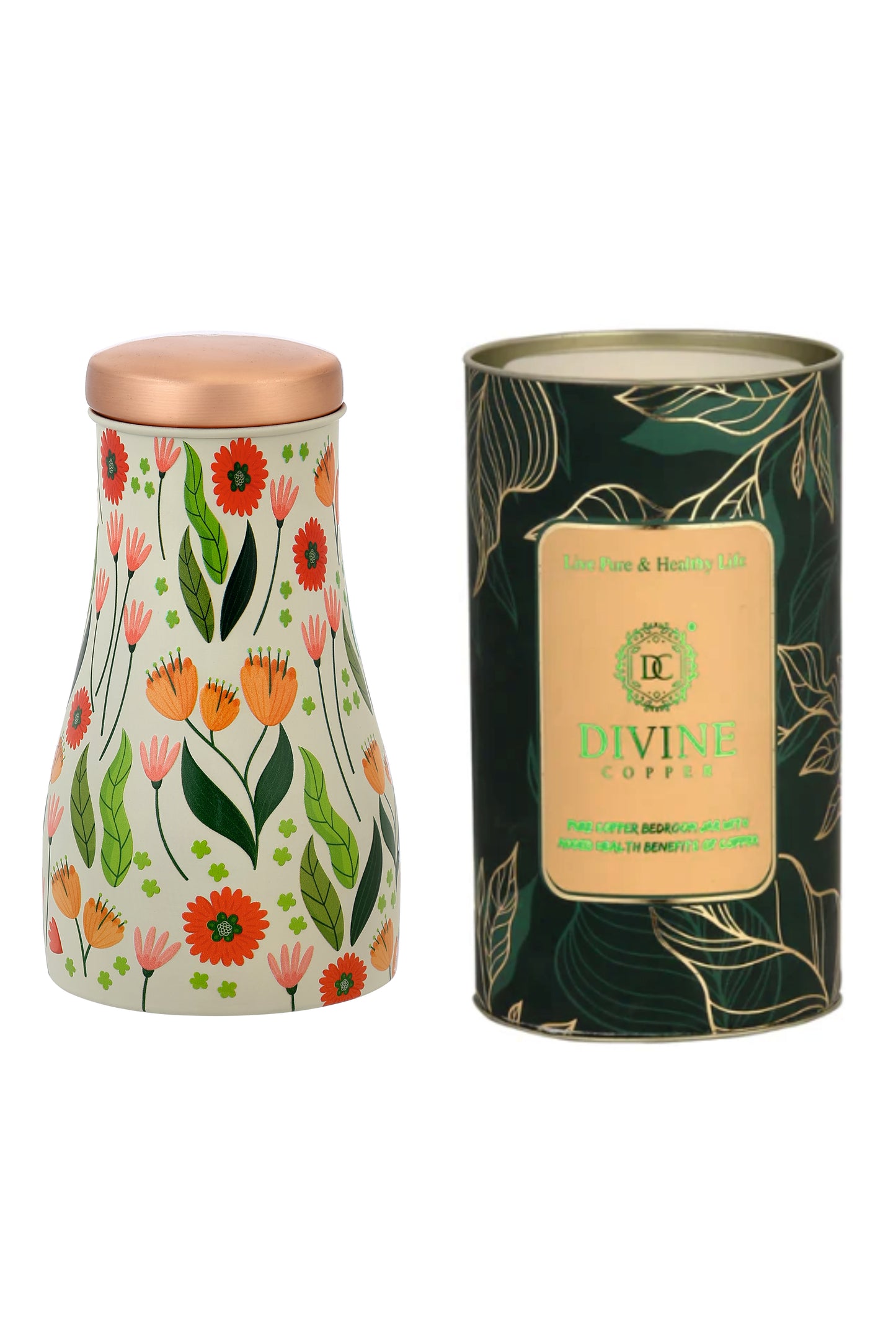 JAR - Colurful Flowers With Green Leafs Print Pure Copper Jar