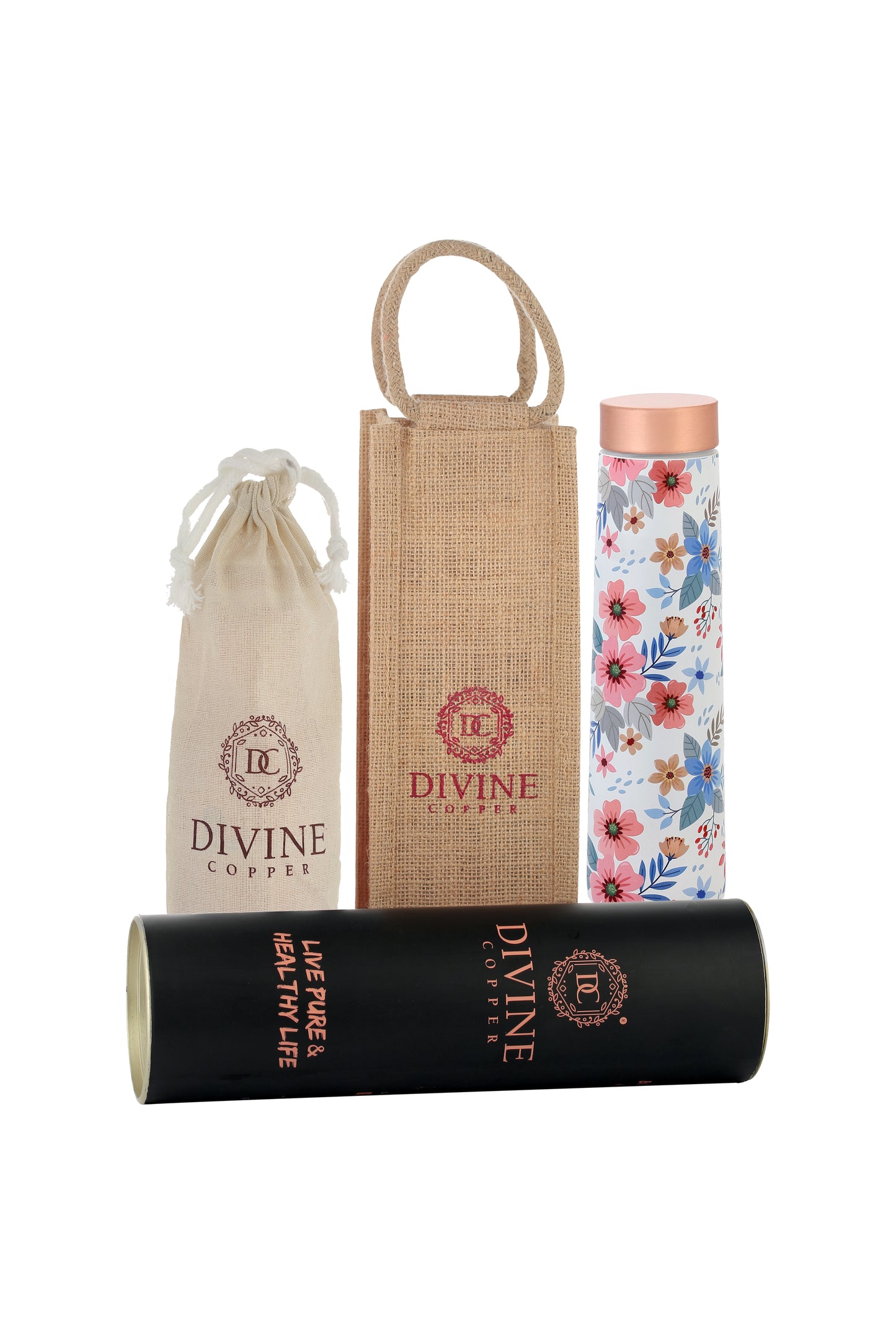 Eclair -  Fabic Texture Flower Pattern Pure Copper Bottle