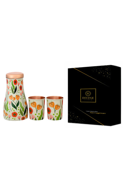 Jar - Colurful Flowers With Green Leafs Print Pure Copper Jar With Pack of 2 Glass