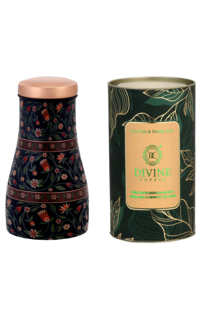 JAR - Flower with Green Leafs Print Pure Copper Jar (Black)