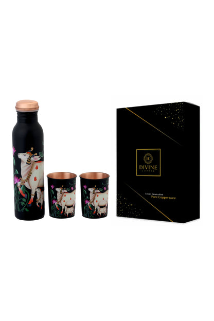 Pie - Nandi Print Pure Copper Bottle With Pack of 2 Glass