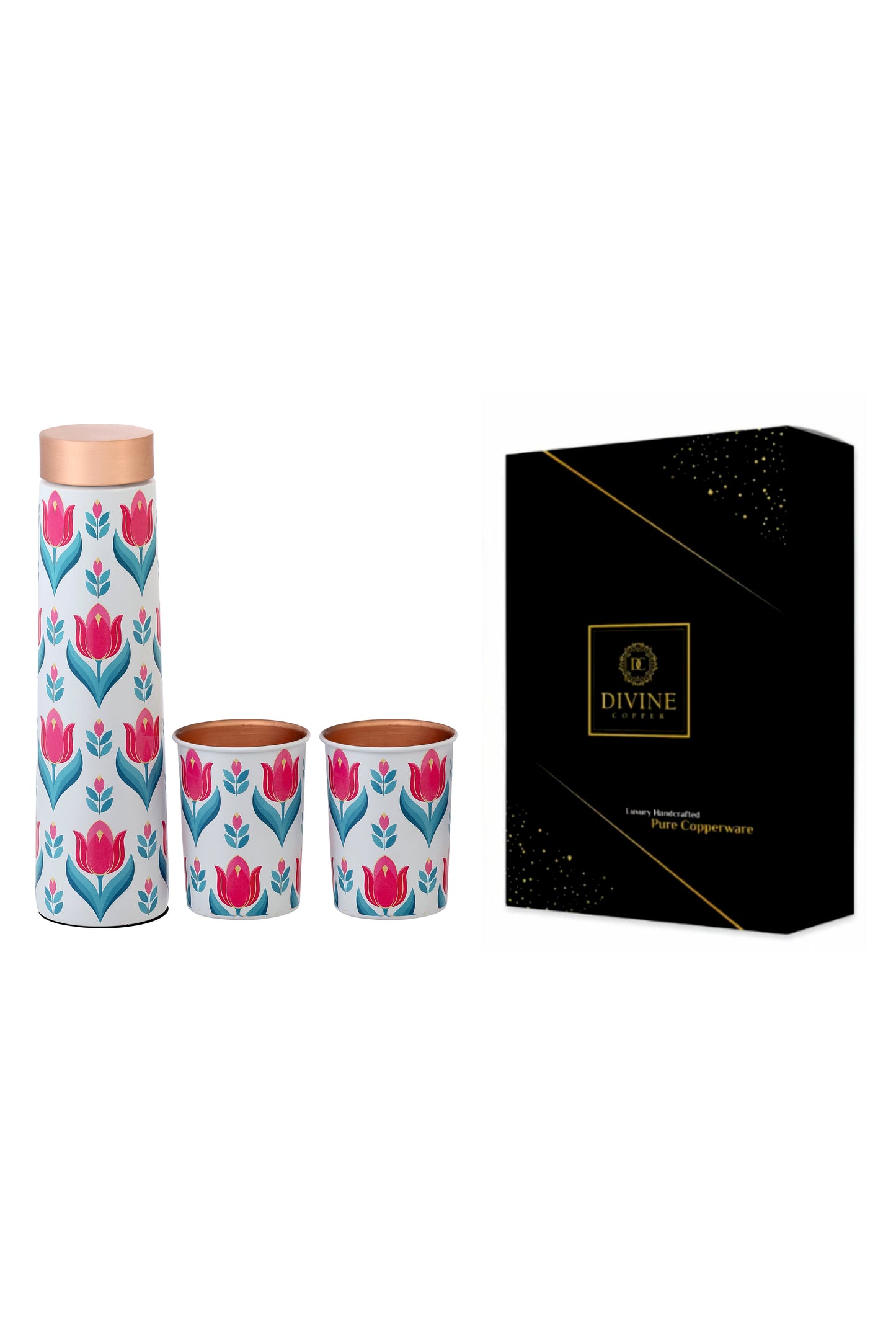 Eclair -  Pink Flower Print Pure Copper Bottle With Pack of 2 Glass