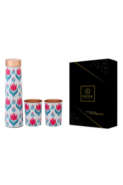 Eclair -  Pink Flower Print Pure Copper Bottle With Pack of 2 Glass