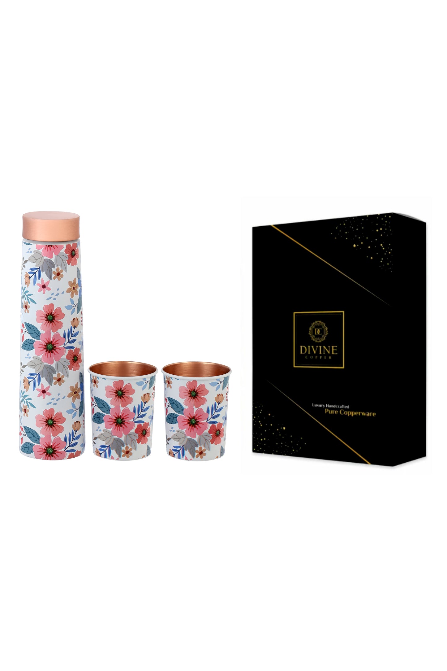 Eclair -  Fabic Texture Flower Print Pure Copper Bottle With Pack of 2 Glass