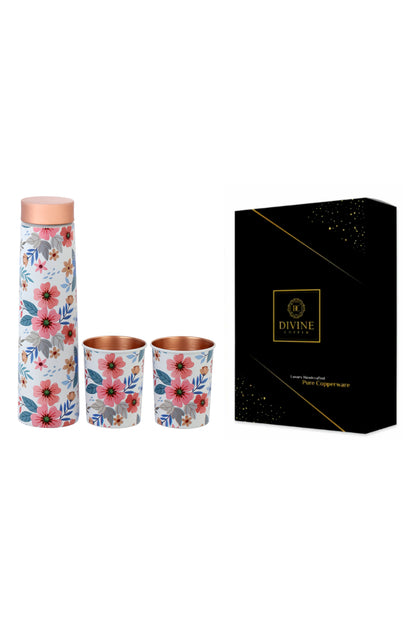 Eclair -  Fabic Texture Flower Print Pure Copper Bottle With Pack of 2 Glass