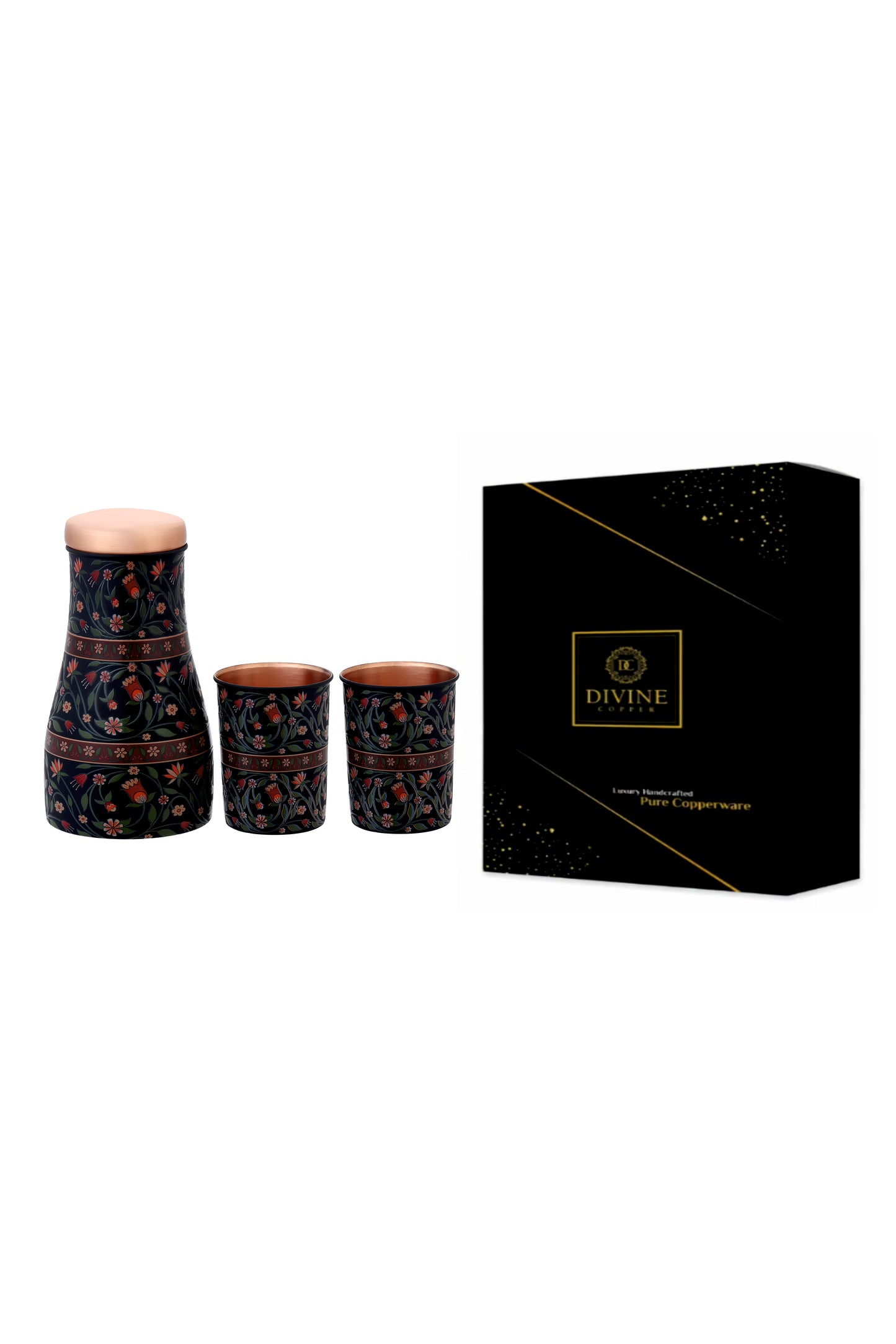 Jar - Flower With Green Leafs Print Pure Copper Jar With Pack of 2 Glass