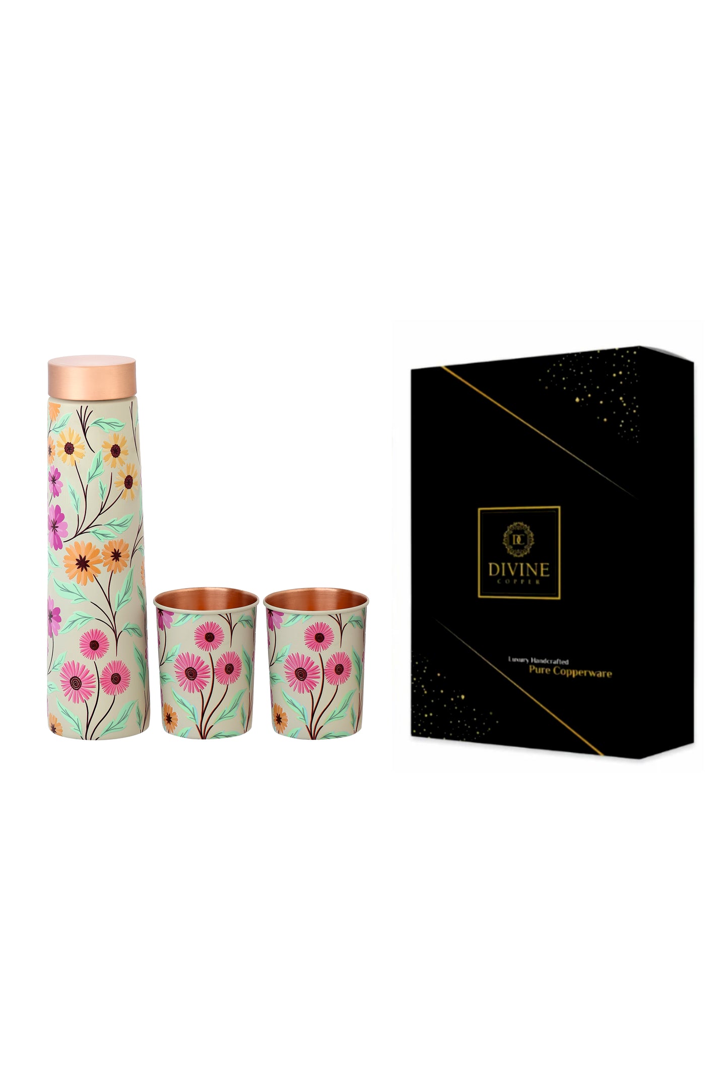 Eclair -  Vintage Disty flower Print Pure Copper Bottle With Pack of 2 Glass
