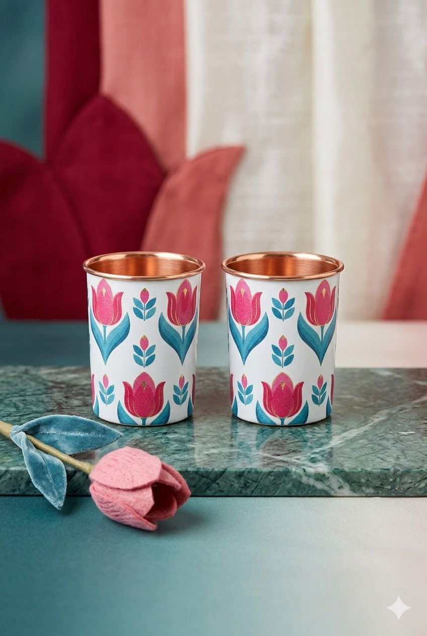 Pink Flower Print Pure Copper Glass Pack of- 2