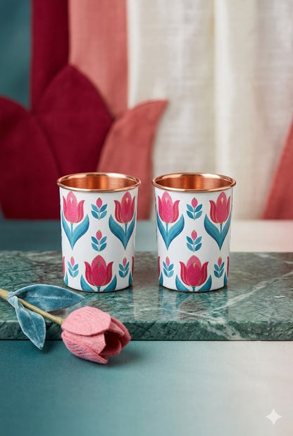 Pink Flower Print Pure Copper Glass Pack of- 2