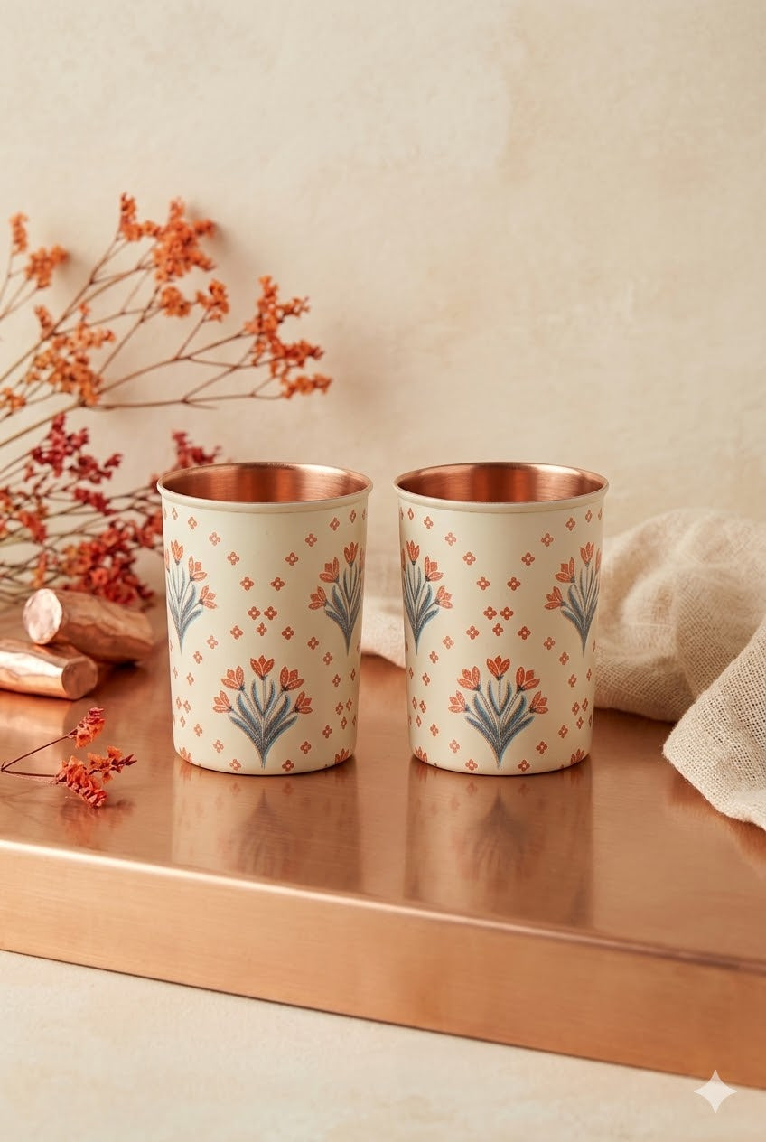 Tulip Flower Print Pure Copper Glass Pack of- 2