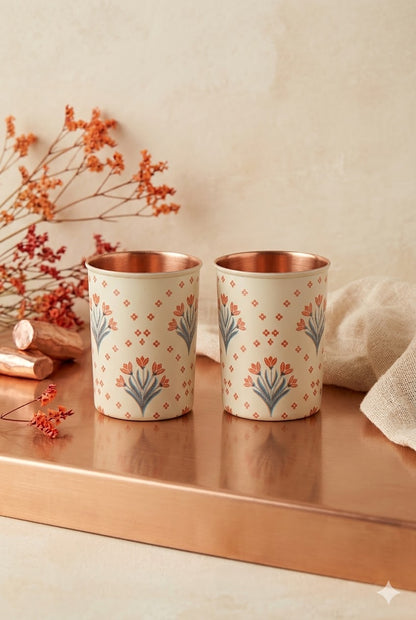Tulip Flower Print Pure Copper Glass Pack of- 2
