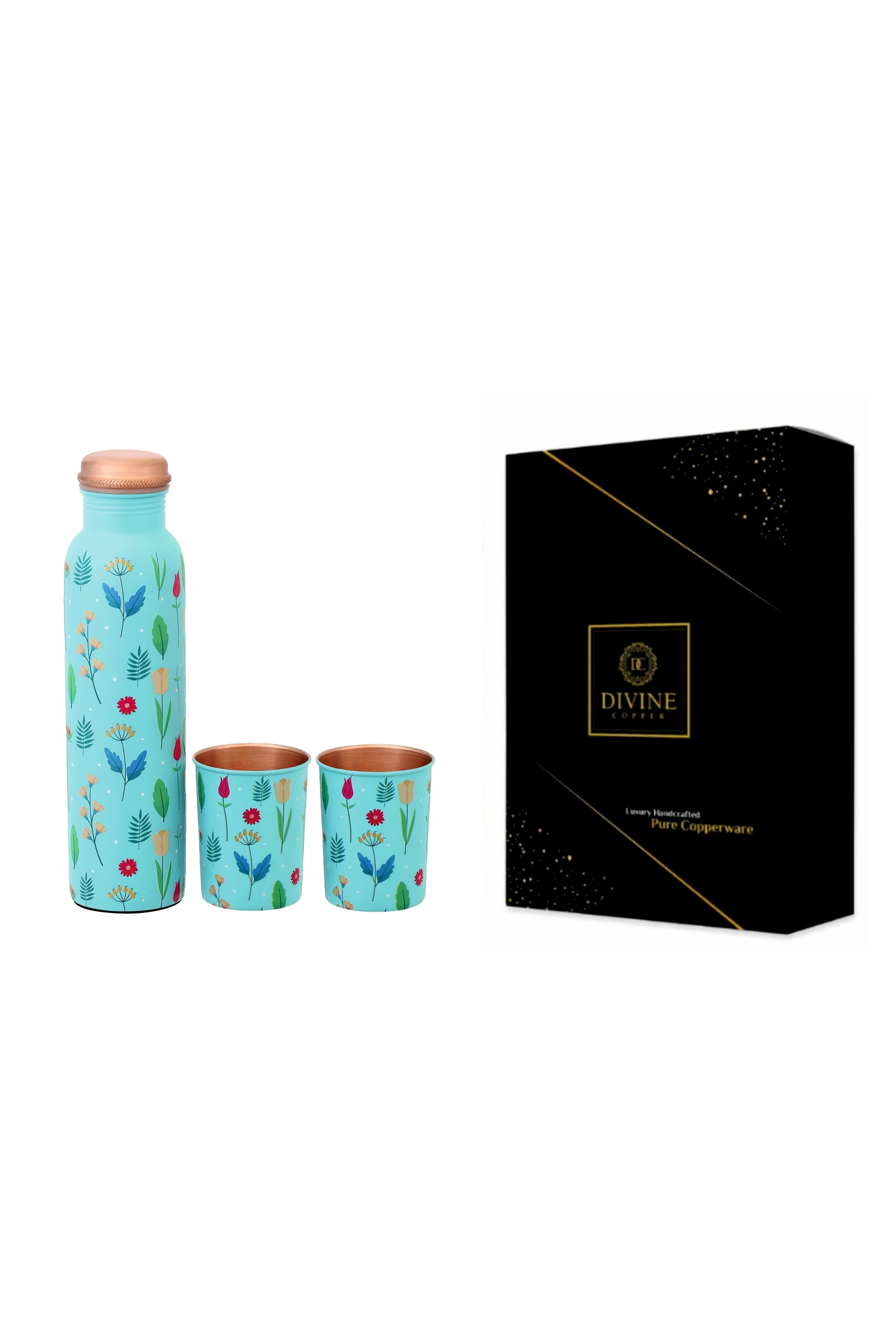 Pie - Spring Flower Print Pure Copper Bottle With Pack of 2 Glass