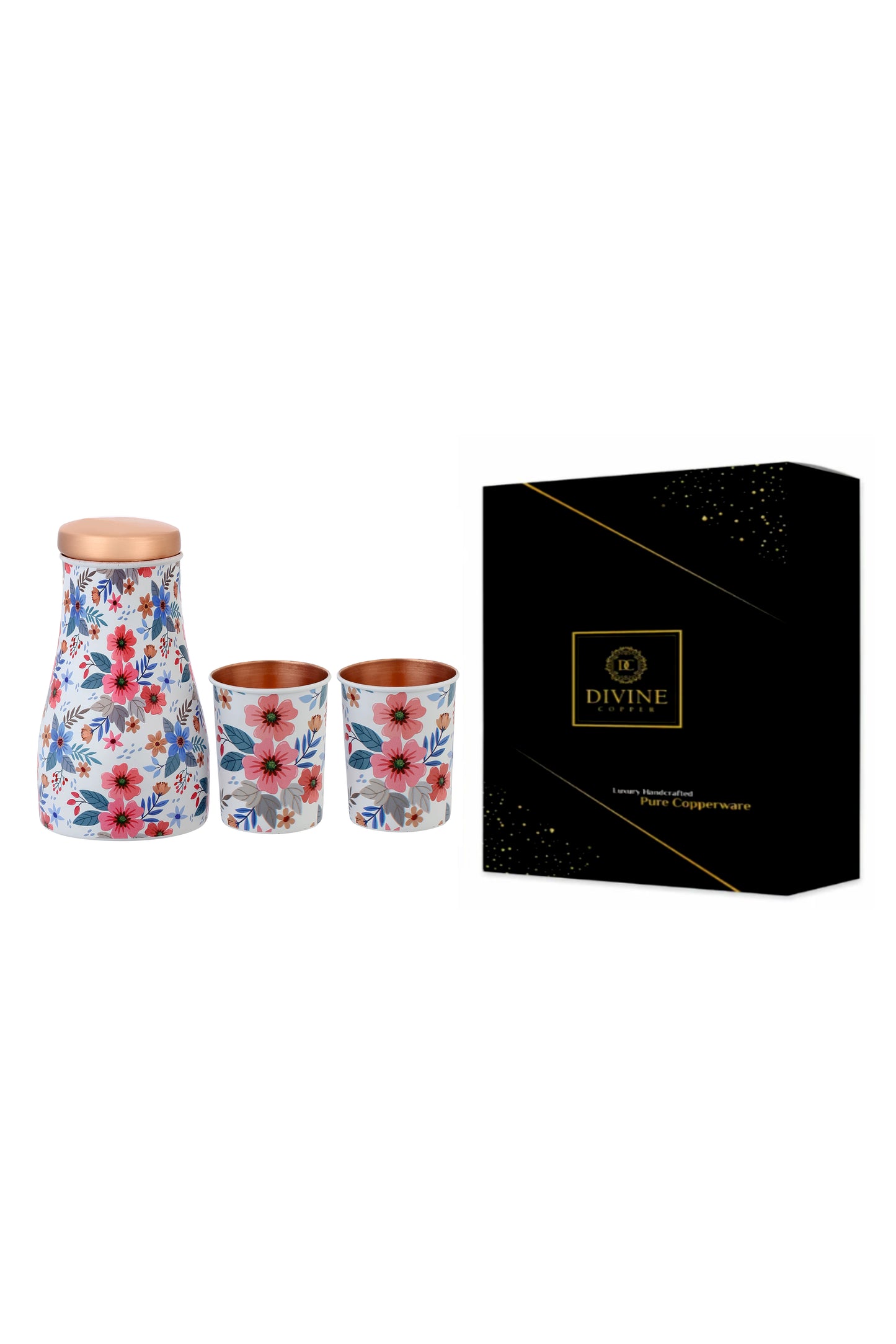 Jar - Fabic Texture Flower Print Pure Copper Jar With Pack of 2 Glass