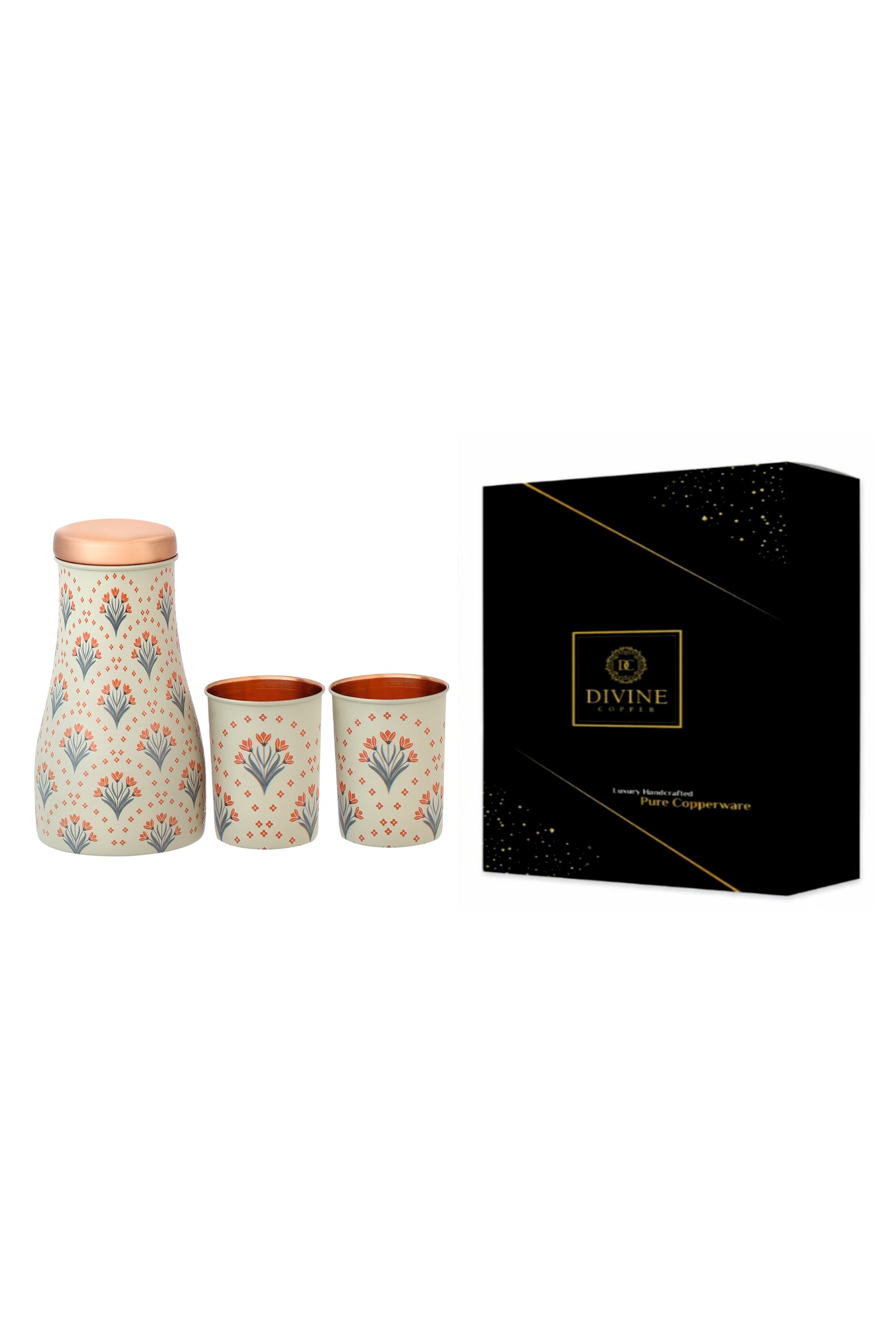 Jar - Tulip Flower Print Pure Copper Jar With Pack of 2 Glass