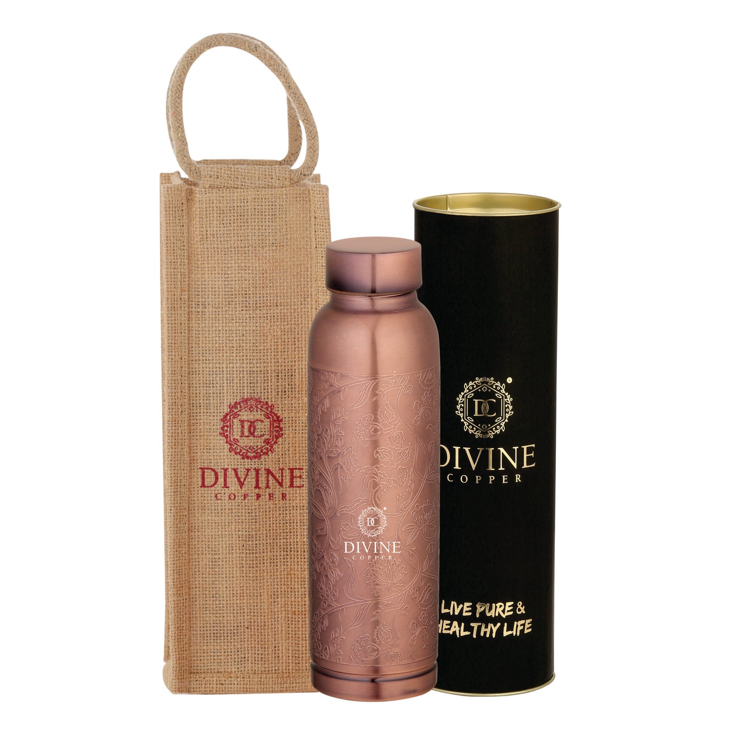 Oreo Pure copper bottle 1000ml antique embossed with free Jute carry bag