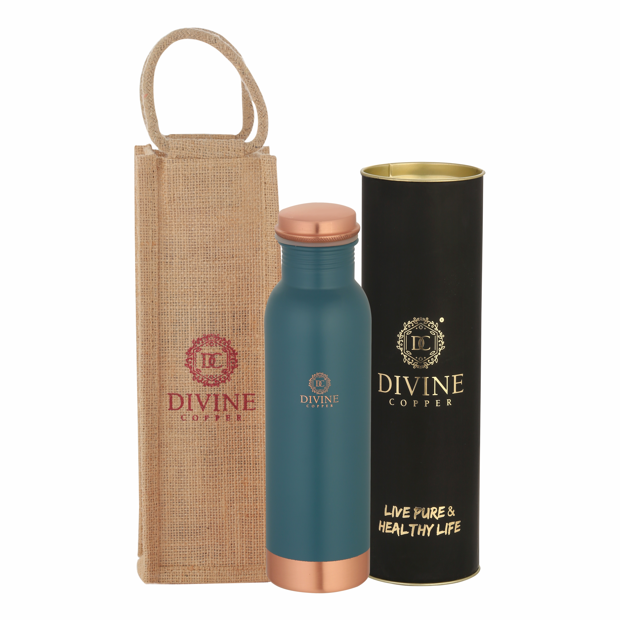 PIE 950ml Pure copper bottle green color with free jute carry bag