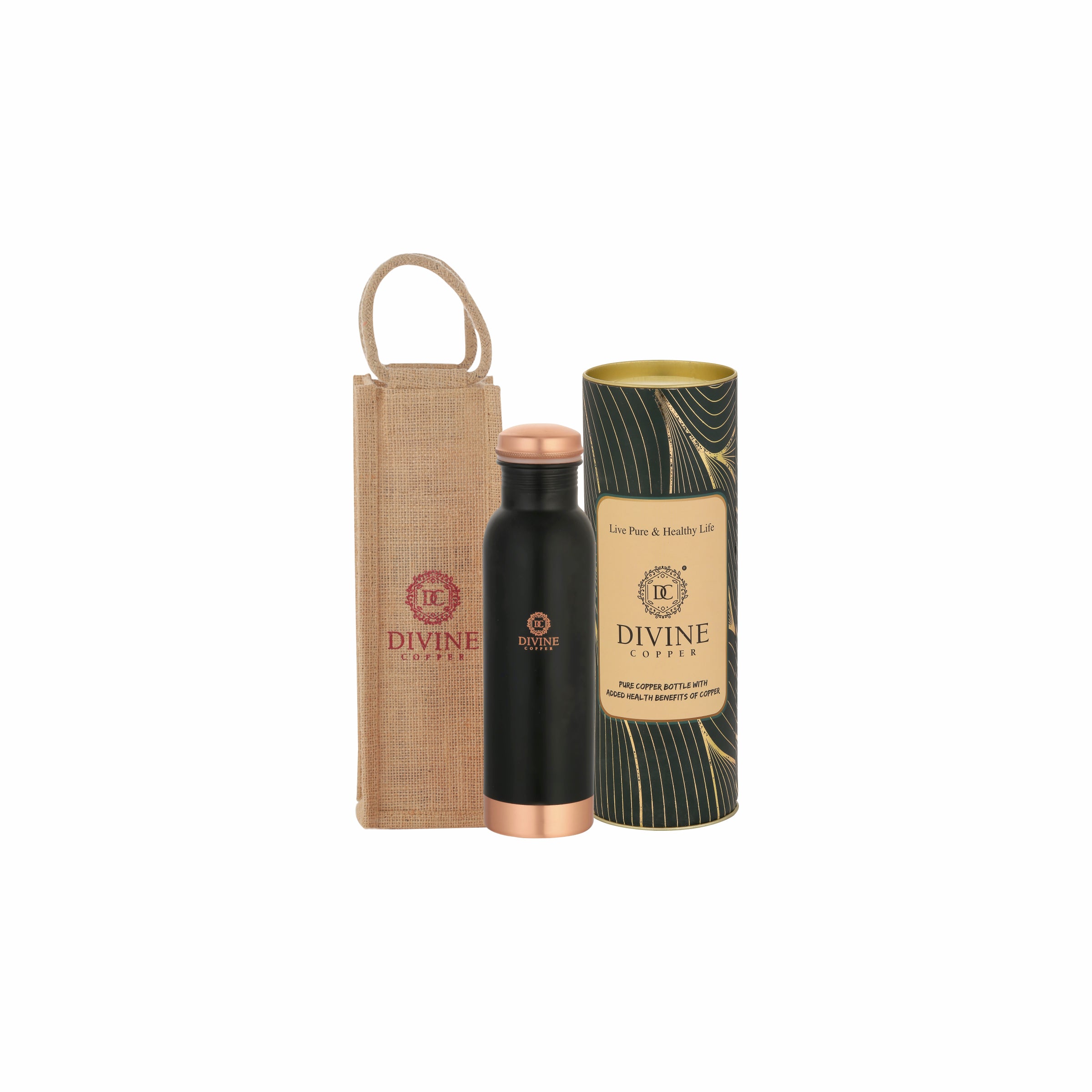 Pie 750ml Black Pure copper bottle with Free Jute carry bag