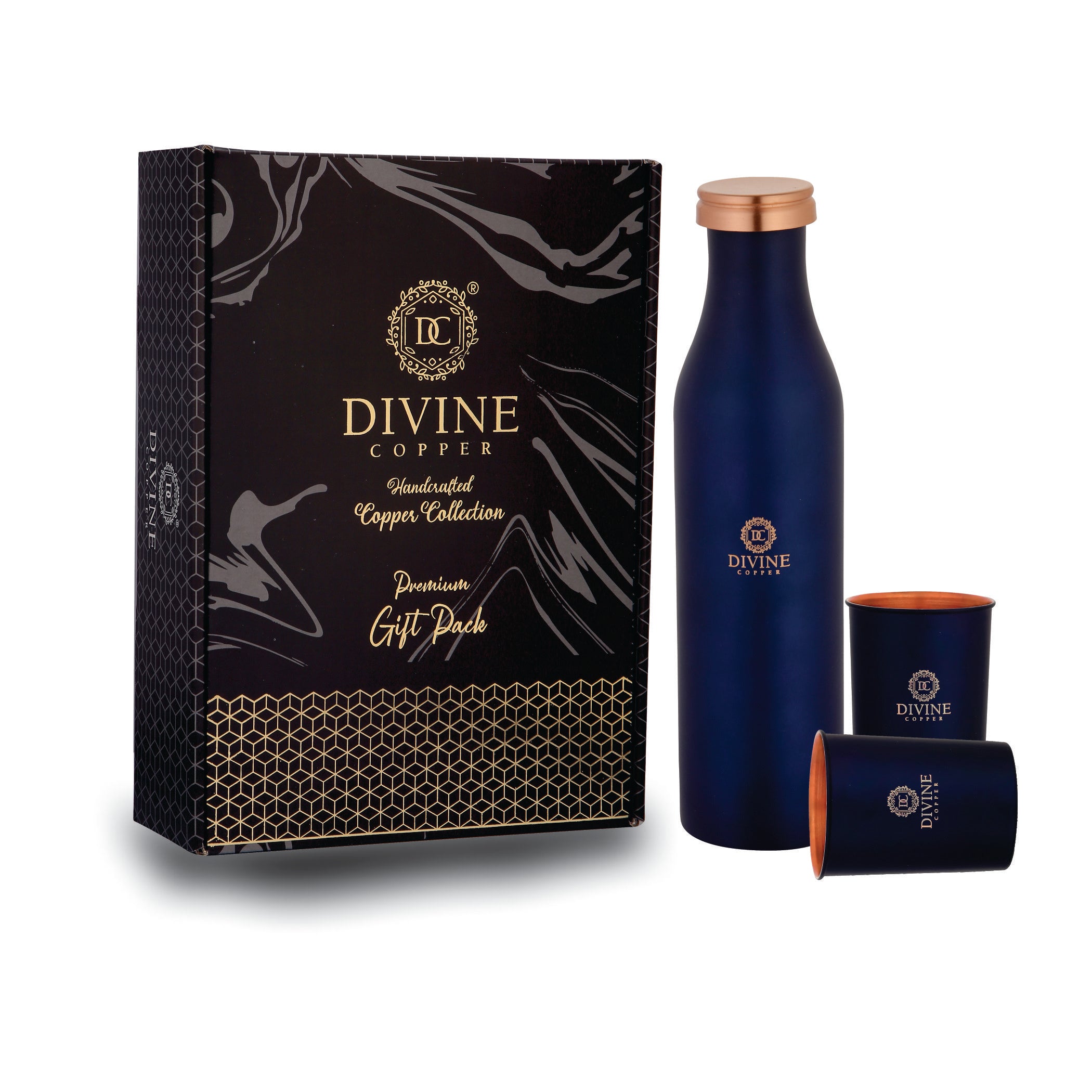 Bmc 950ml Blue color Pure copper bottle with 2 glass gift pack