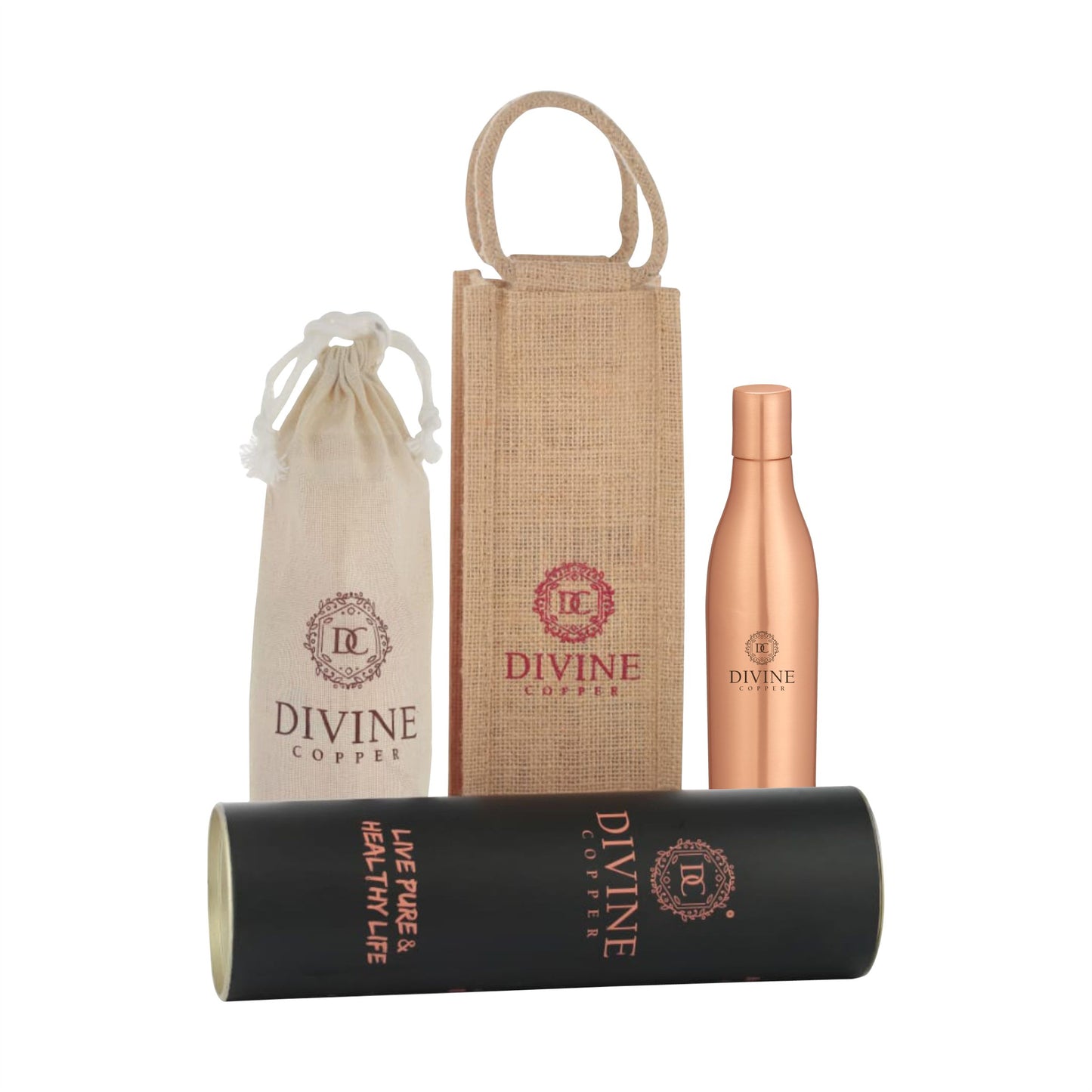 Elegant Pure copper bottle with free Jute bag, cotton bag & tube Packaging