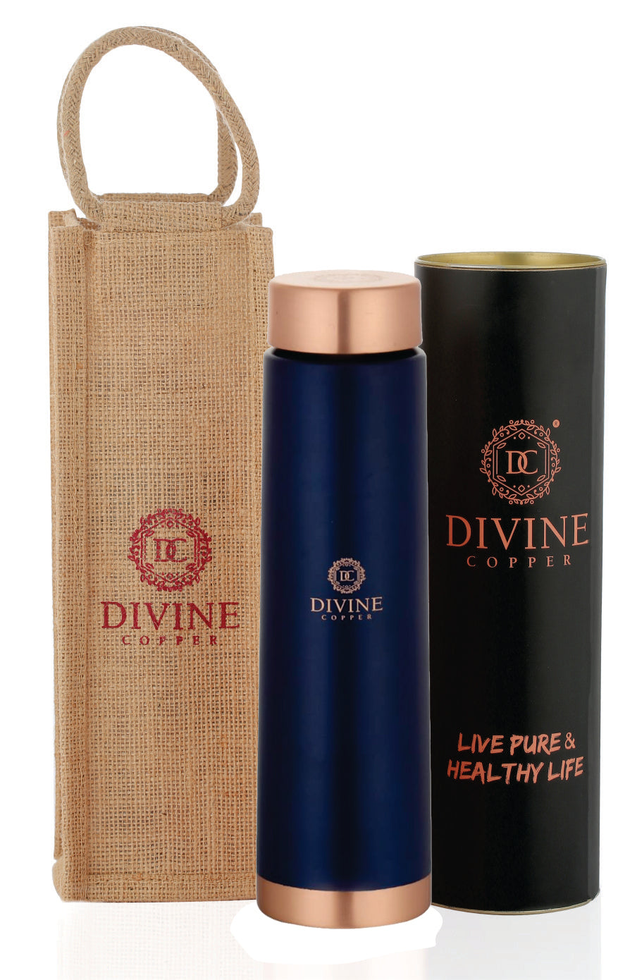 Eclair Blue 900ml Copper water Bottle With Free Jute Carry Bag